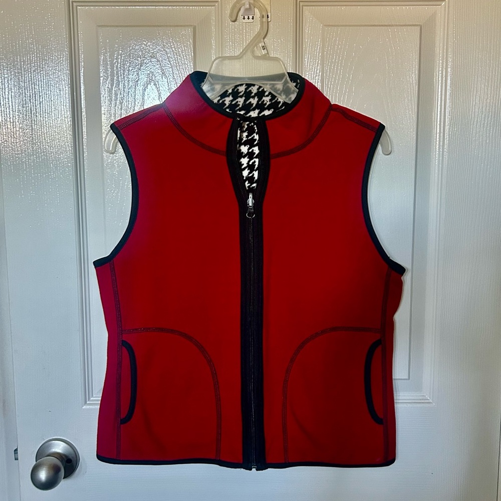 Red Zip-Up Vest with Houndstooth Lining